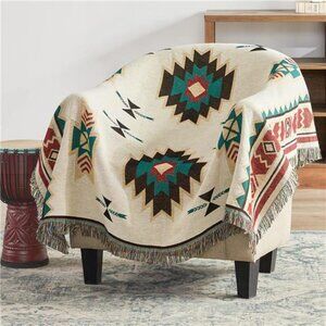 Southwest Aztec Throw Blanket Boho Woven Tassel Beige Sofa Farmhouse Decor